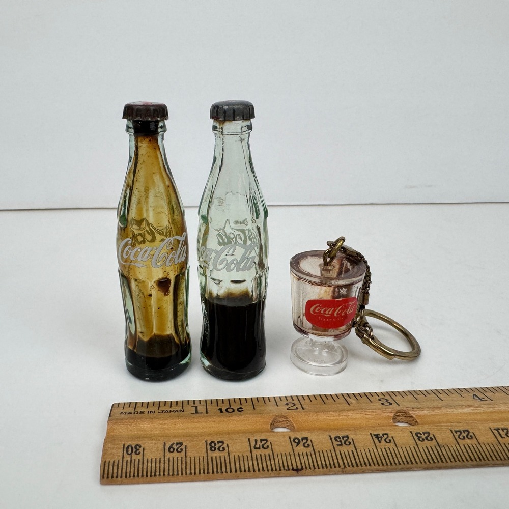 2 Vtg Miniature Small 3inch Glass Coca Cola Coke Bottles Keychain Cup w Liquid